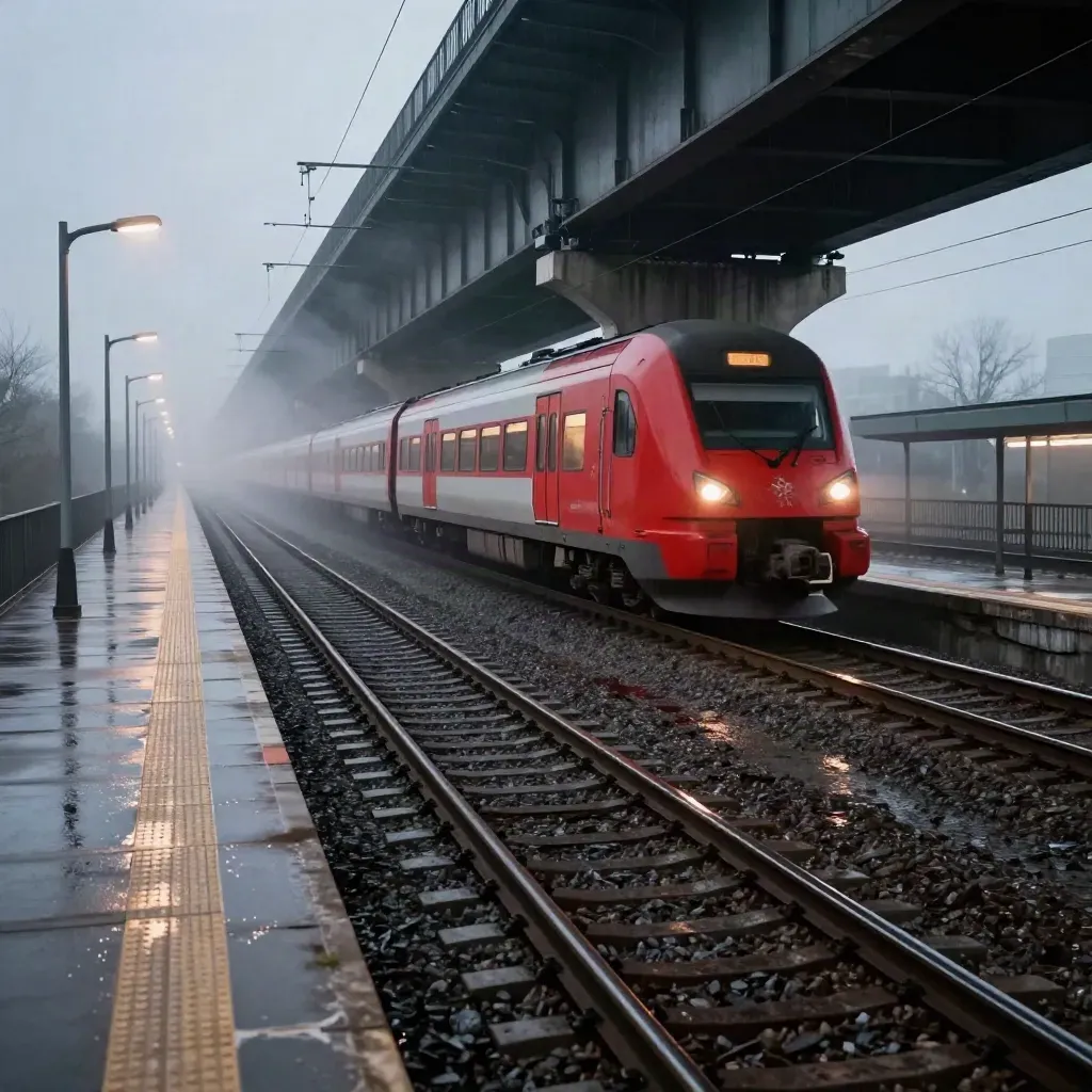 Rode intercity raast over een brug langs nat spoor en stil busknooppunt in avondmist.
