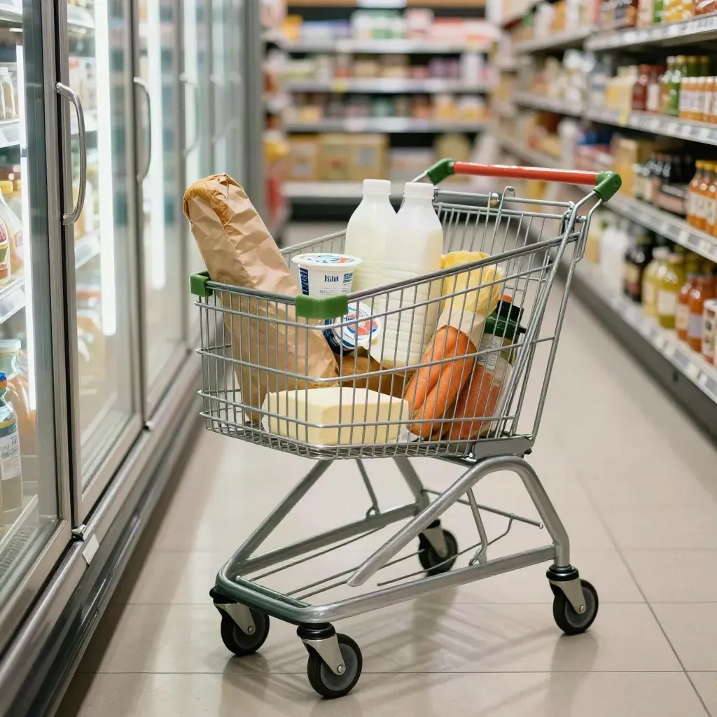Winkelkar met basisboodschappen in een koele supermarktgang met glanzende koelingen.