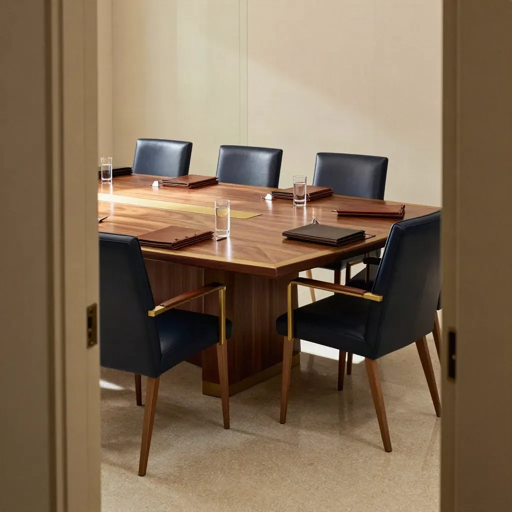 Lege regeringszaal met vergadertafel en stoelen in halve cirkel, gezien vanaf de deuropening.