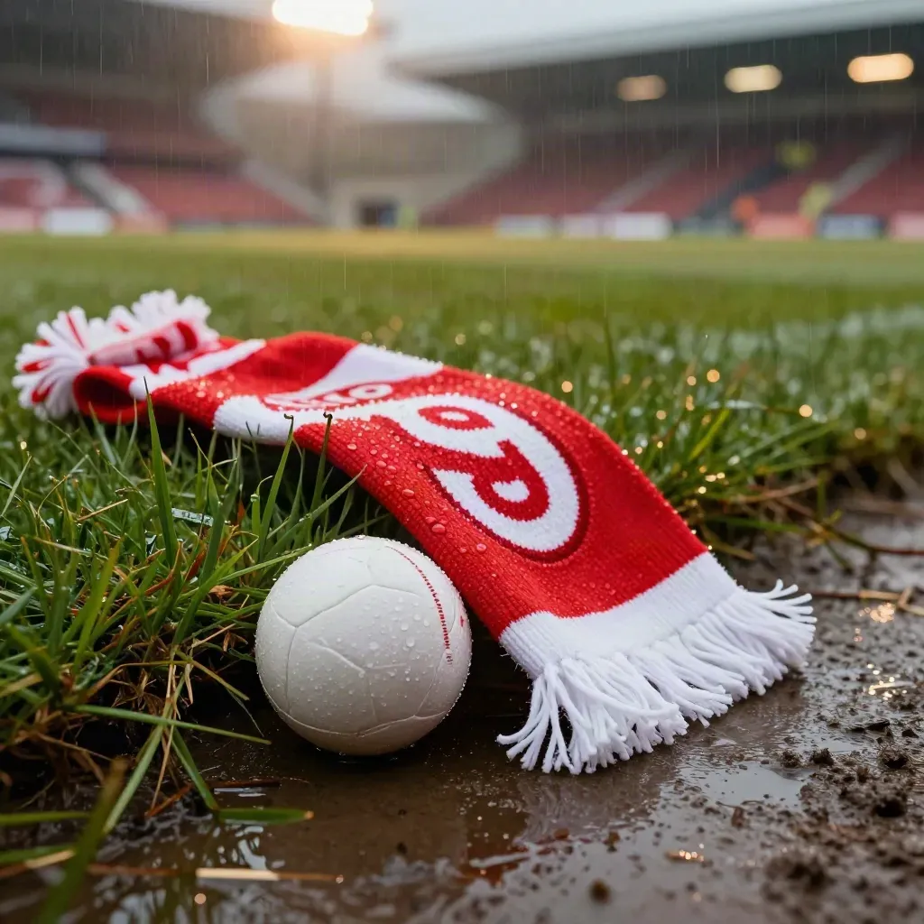 Natte wedstrijdbal naast rood-witte supporterssjaal langs de grasrand in fijne regen en mist.