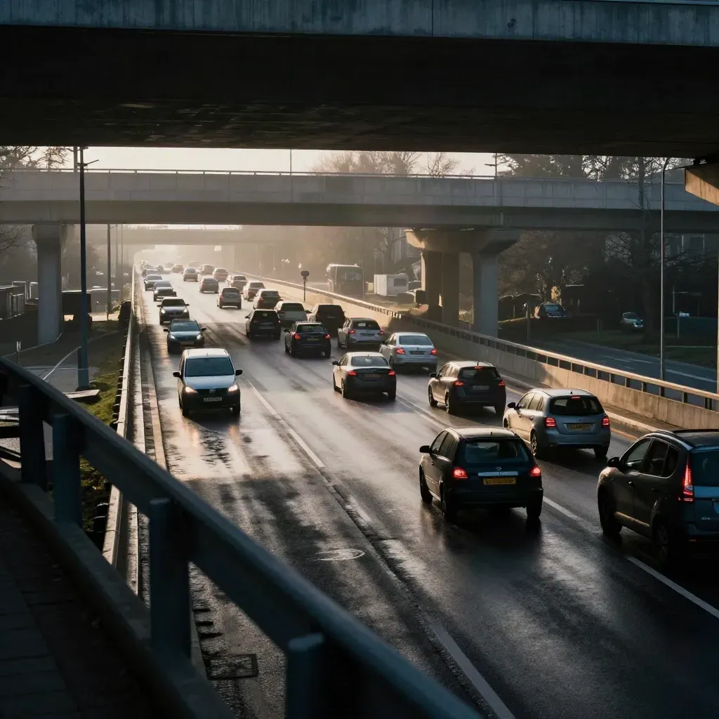 Files op de A2-ring bij Utrecht vanaf een viaduct, met nat asfalt en fly-overs in de mist.