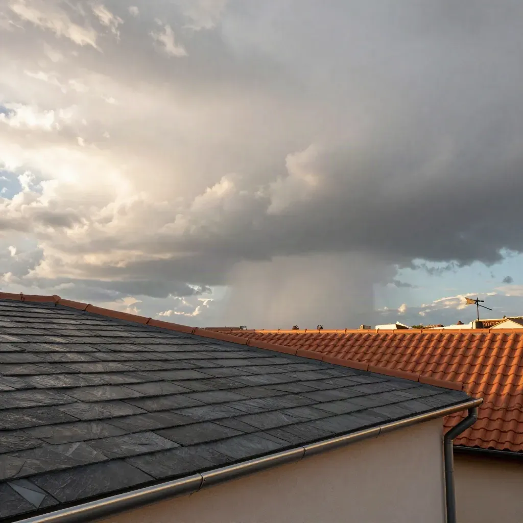 Stadsdak met wisselende wolken, zon en bui boven de dakranden, met een weerhaan in de verte.