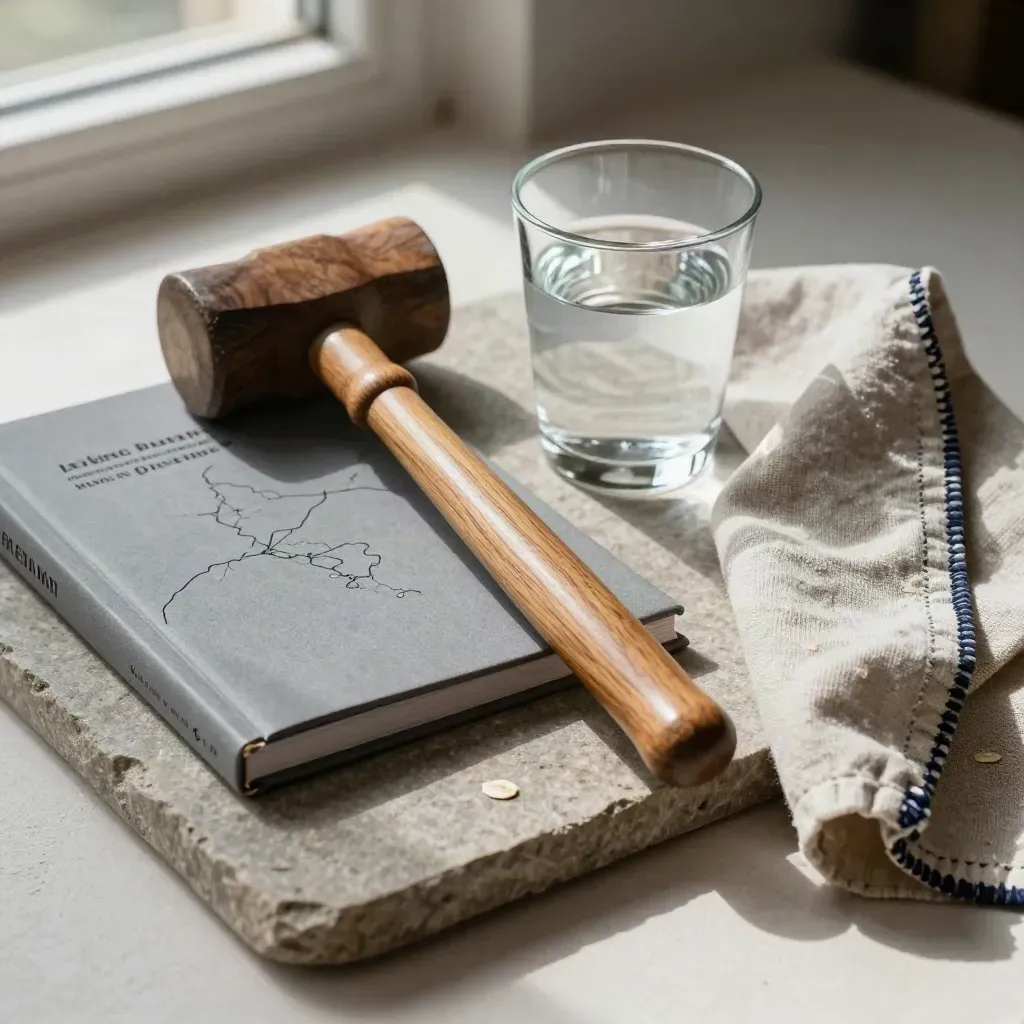 Houten voorzittershamer, gesloten map en glas water op stenen dienblad met linnen doek.